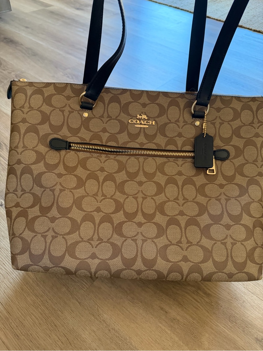 Coach Brown Signature Monogram Tote with Black Straps
